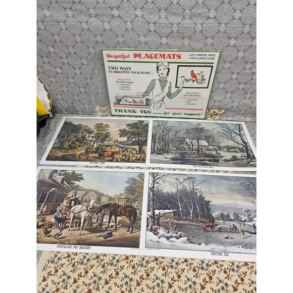 Vintage Currier & Ives Placemats Whirley Industries Set of 4 Farmhouse Decor - Picture 1 of 12